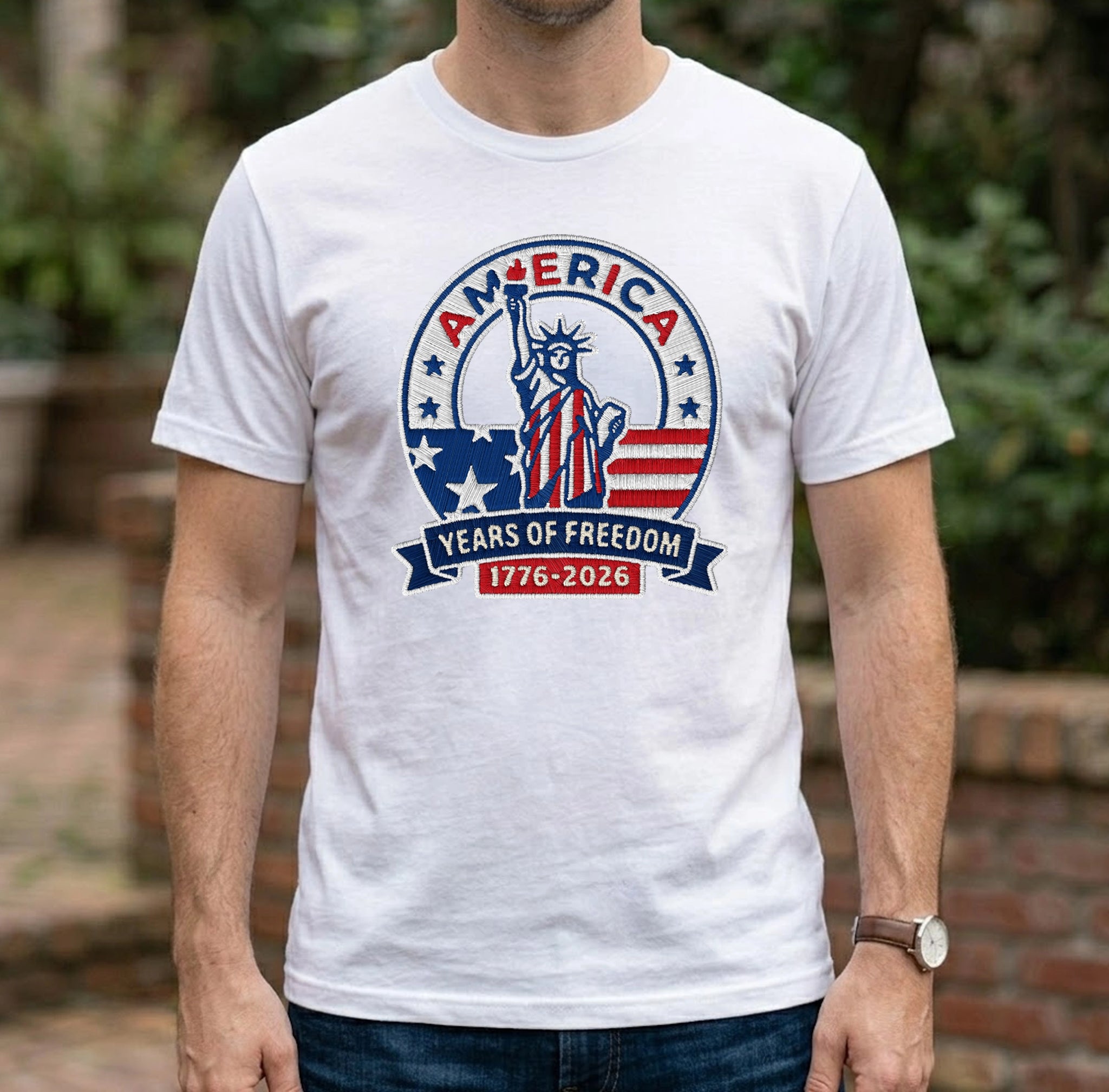 America 250th Anniversary Patriotic Embroidered T-Shirt - Independence Day Tee
