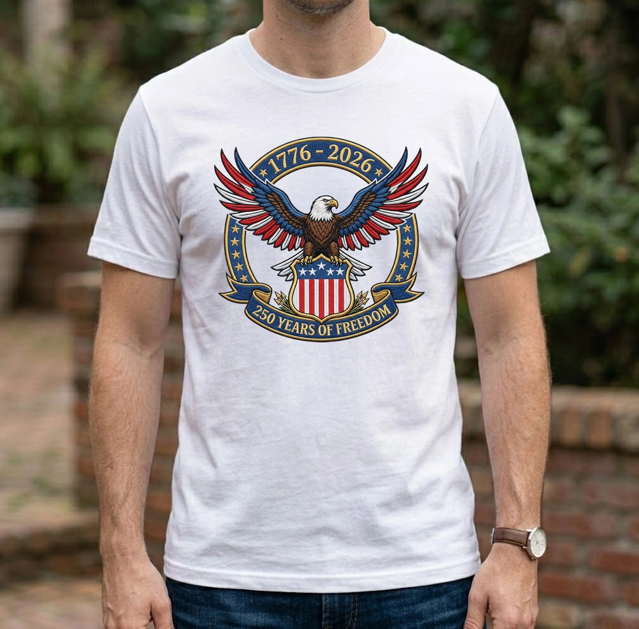 1776-2026 USA Flag Patriotic Embroidered T-Shirt - 250 Years Anniversary Shirt