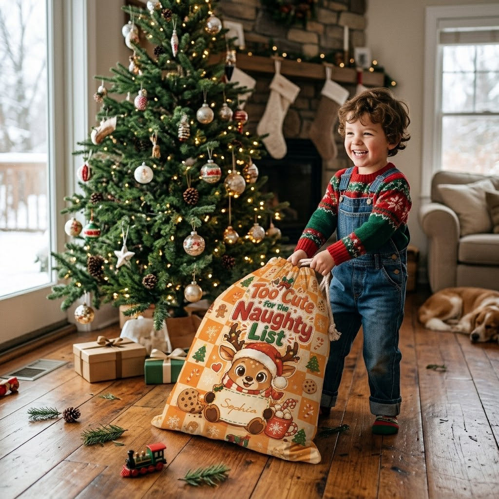 Personalized Too Cute for the Naughty List Christmas Sack with Custom Name