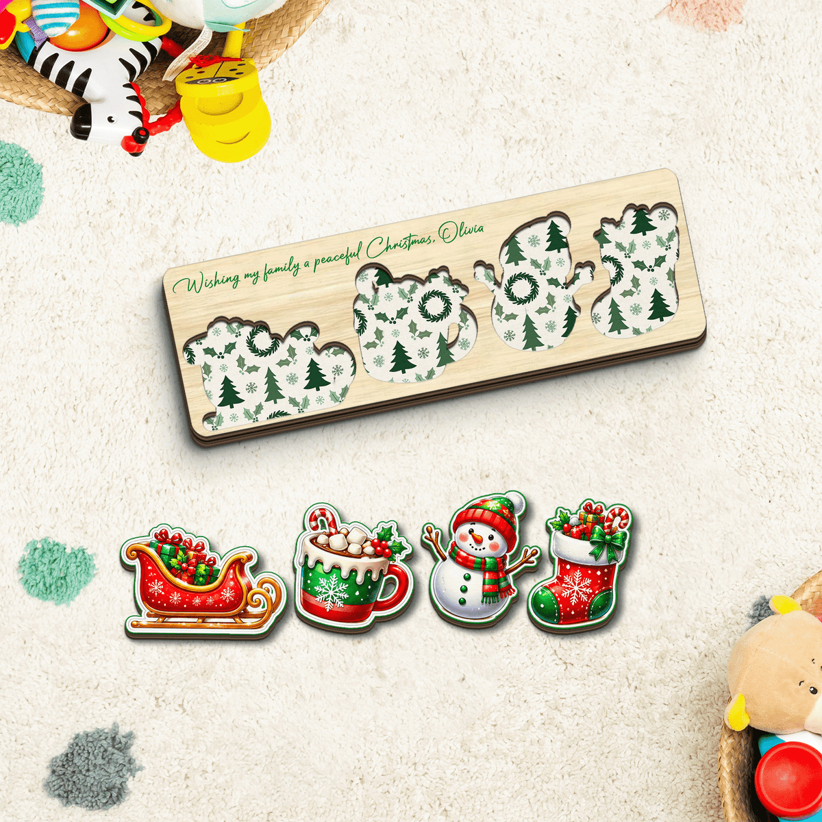 Personalized sleigh and snowman Christmas wooden puzzle board with custom message