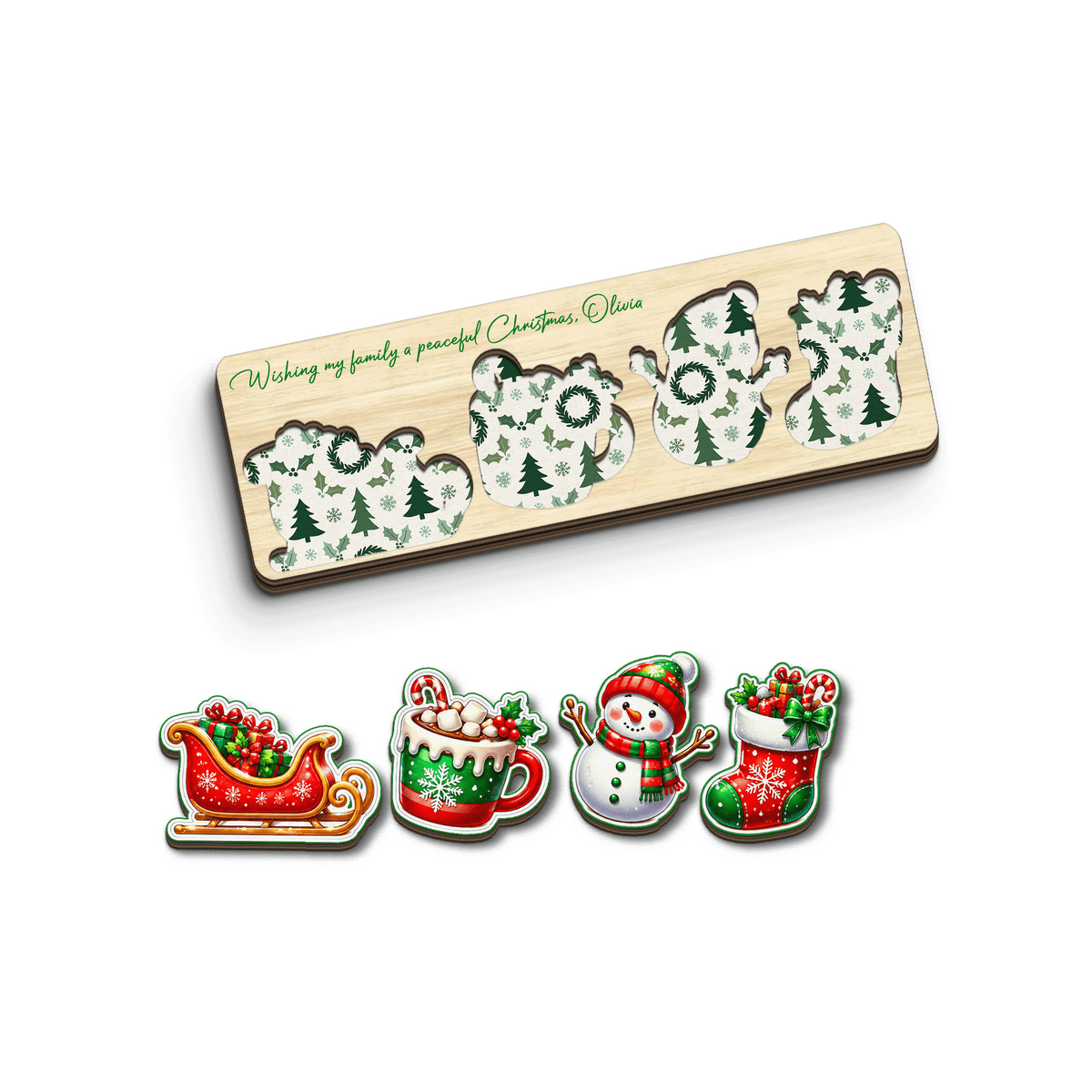 Personalized sleigh and snowman Christmas wooden puzzle board view 2