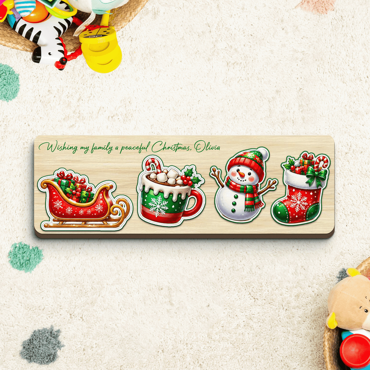 Personalized sleigh and snowman Christmas wooden puzzle board view 3