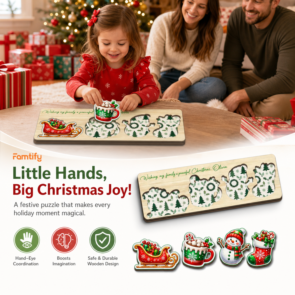 Personalized sleigh and snowman Christmas wooden puzzle board view 4