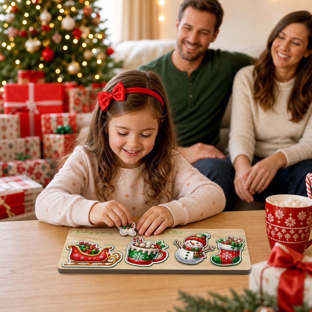 Personalized sleigh and snowman Christmas wooden puzzle board view 5