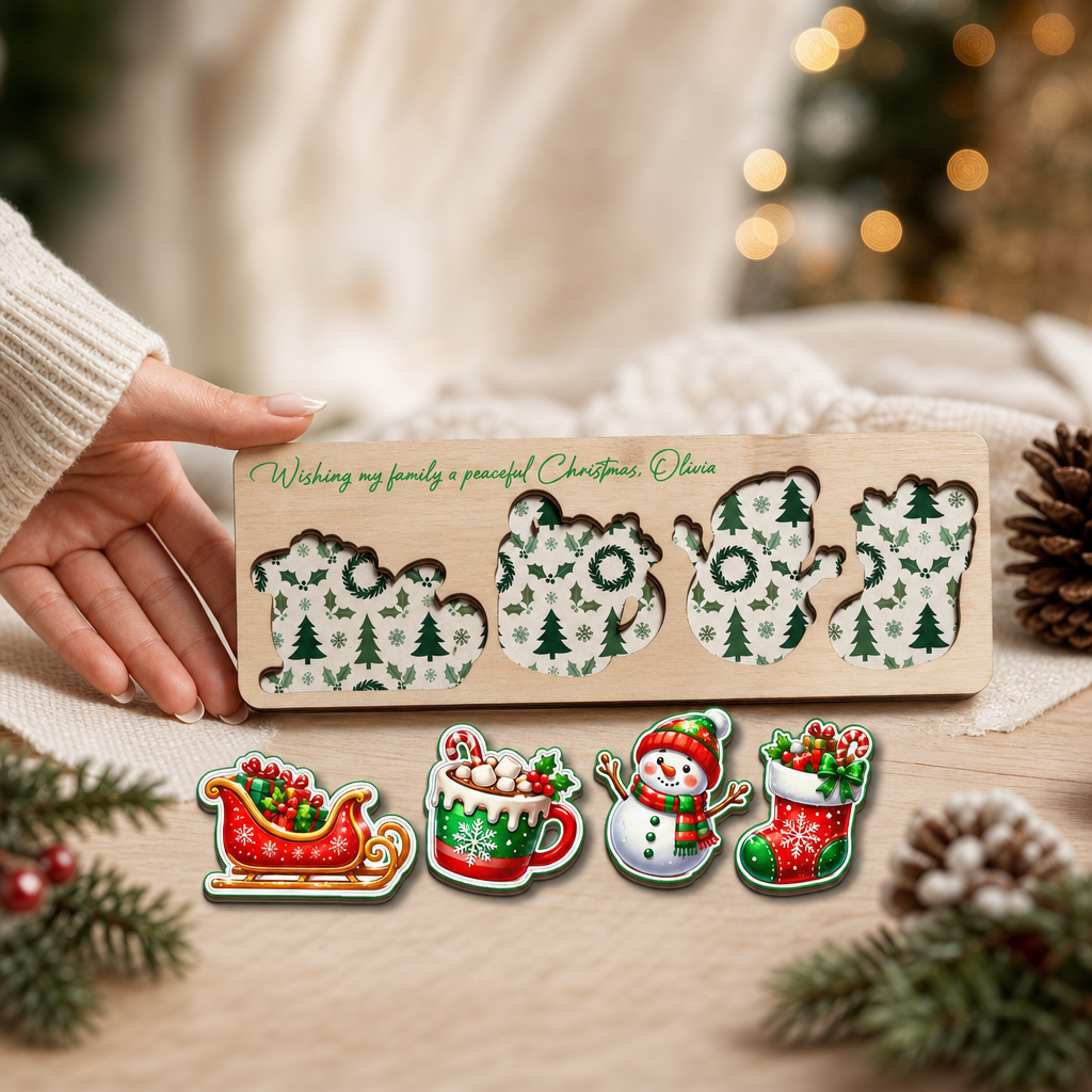Personalized sleigh and snowman Christmas wooden puzzle board view 6