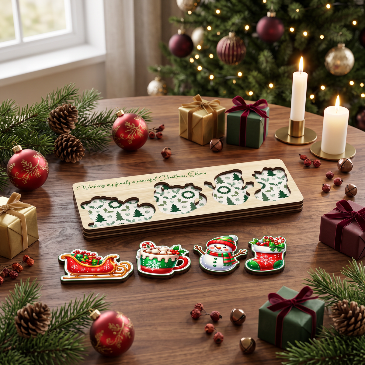 Personalized sleigh and snowman Christmas wooden puzzle board view 7