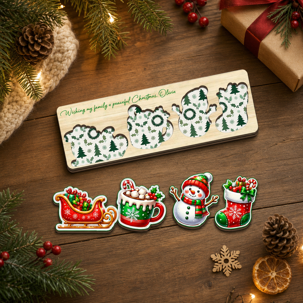 Personalized sleigh and snowman Christmas wooden puzzle board view 9
