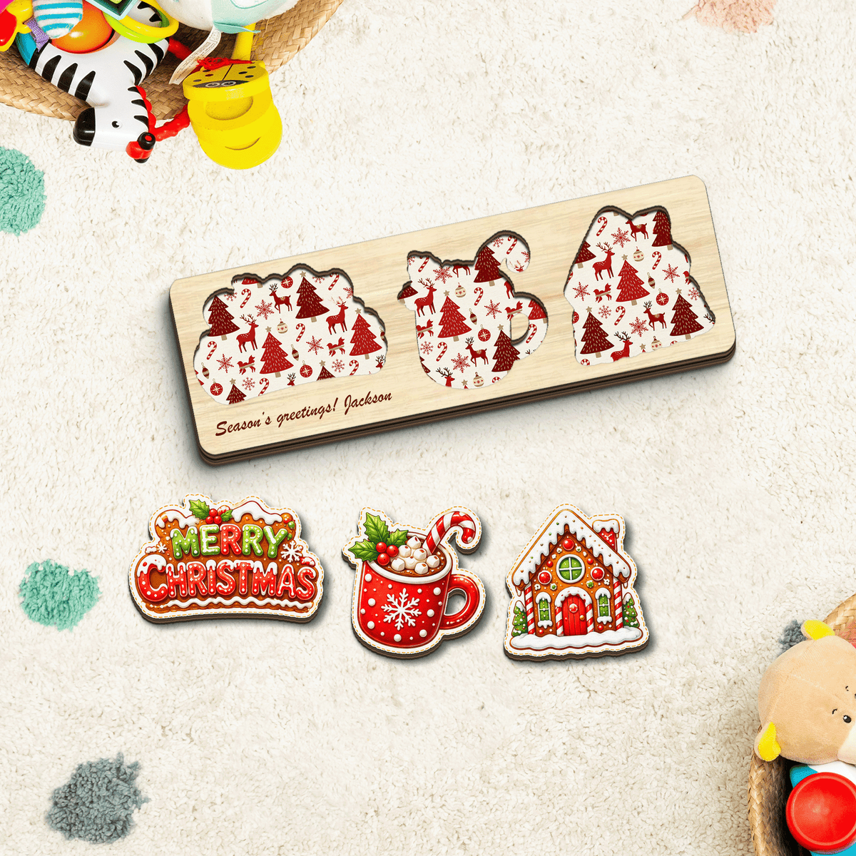 Personalized hot cocoa and gingerbread house Christmas wooden puzzle board with custom name