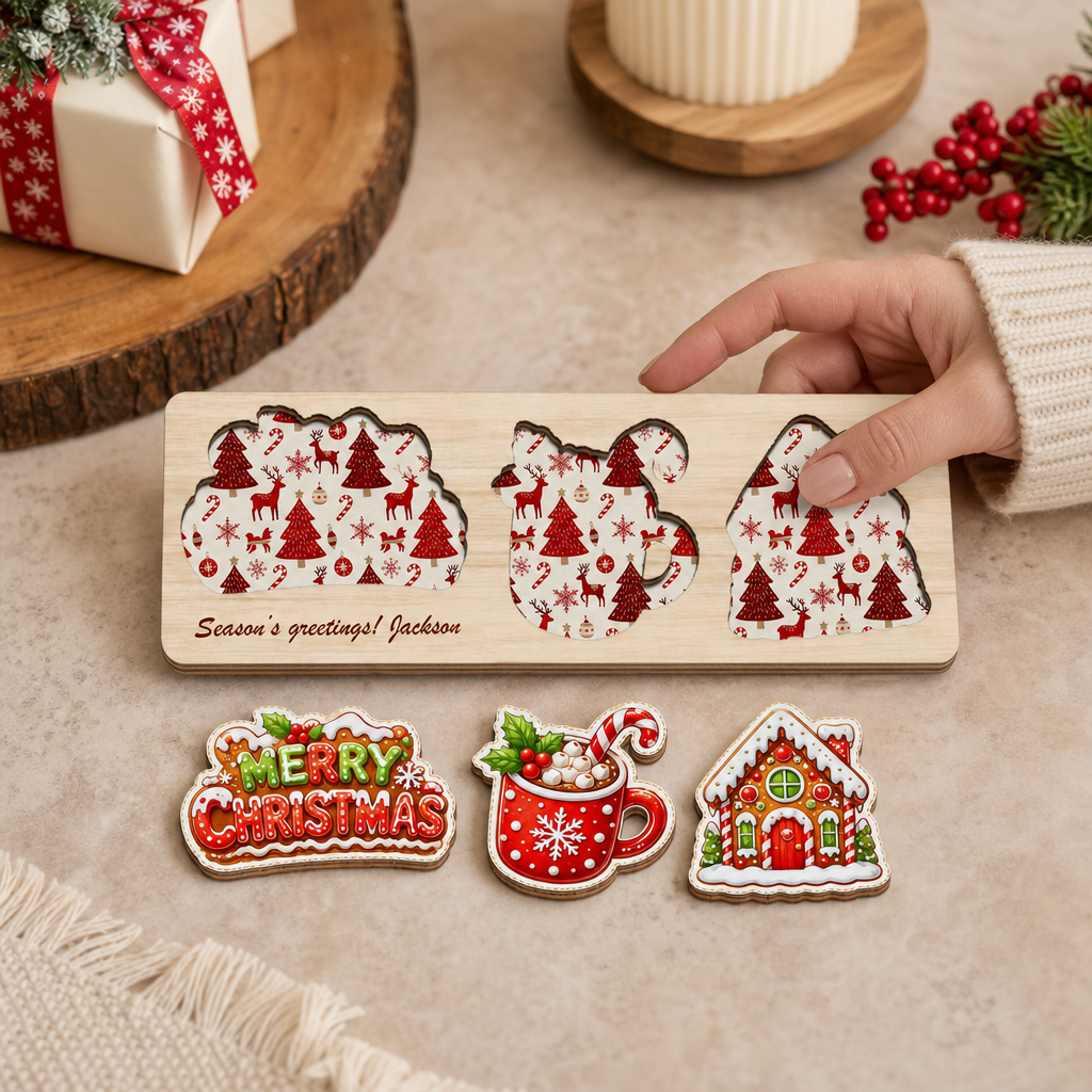 Personalized cocoa and gingerbread house wooden puzzle board view 6