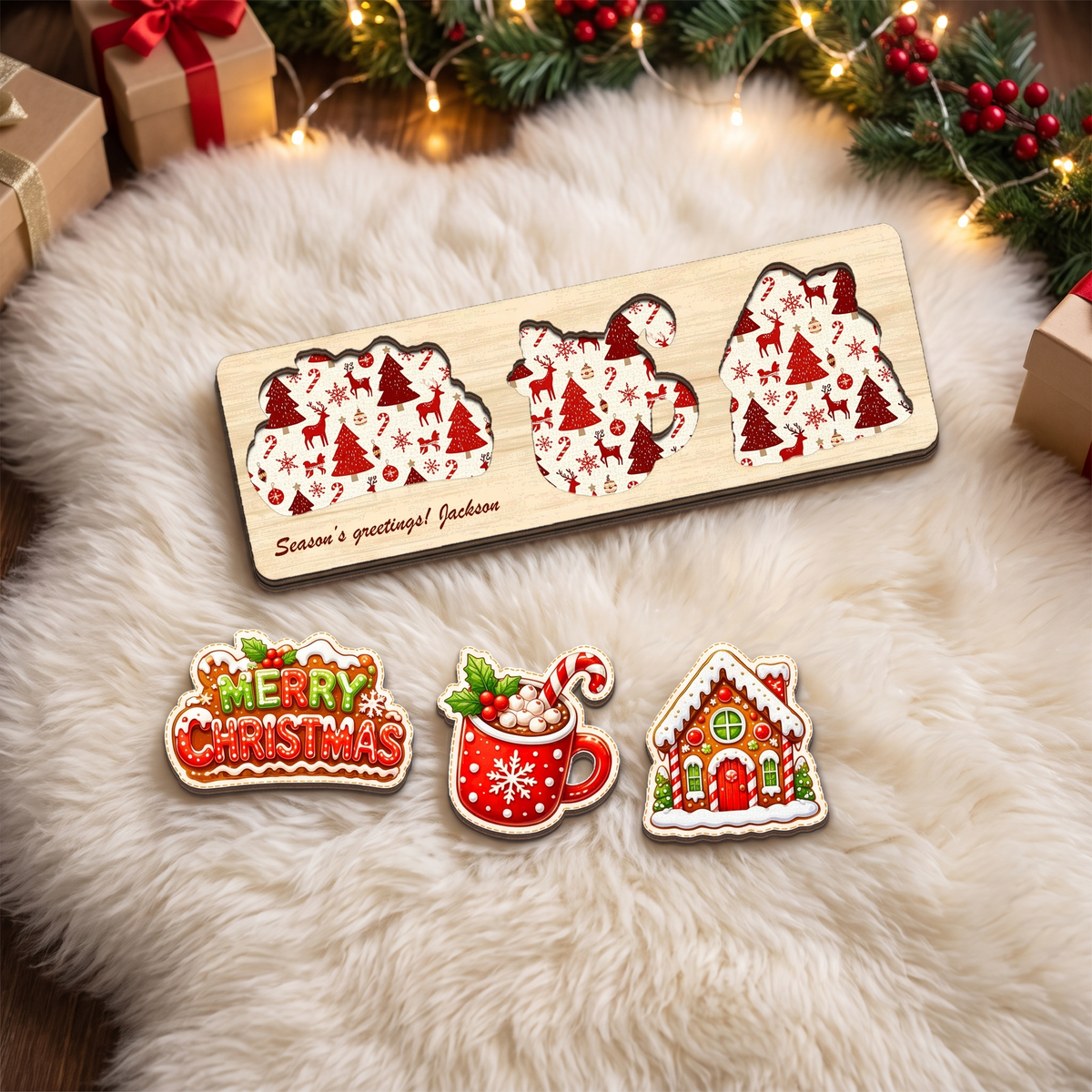 Personalized cocoa and gingerbread house wooden puzzle board view 11