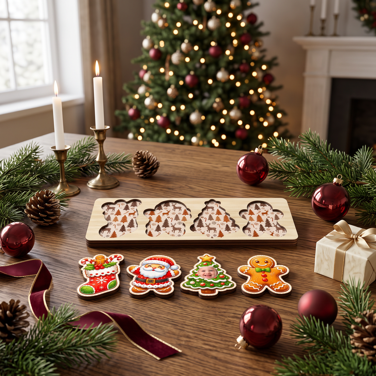 Personalized cookie Santa and photo tree wooden puzzle board view 8