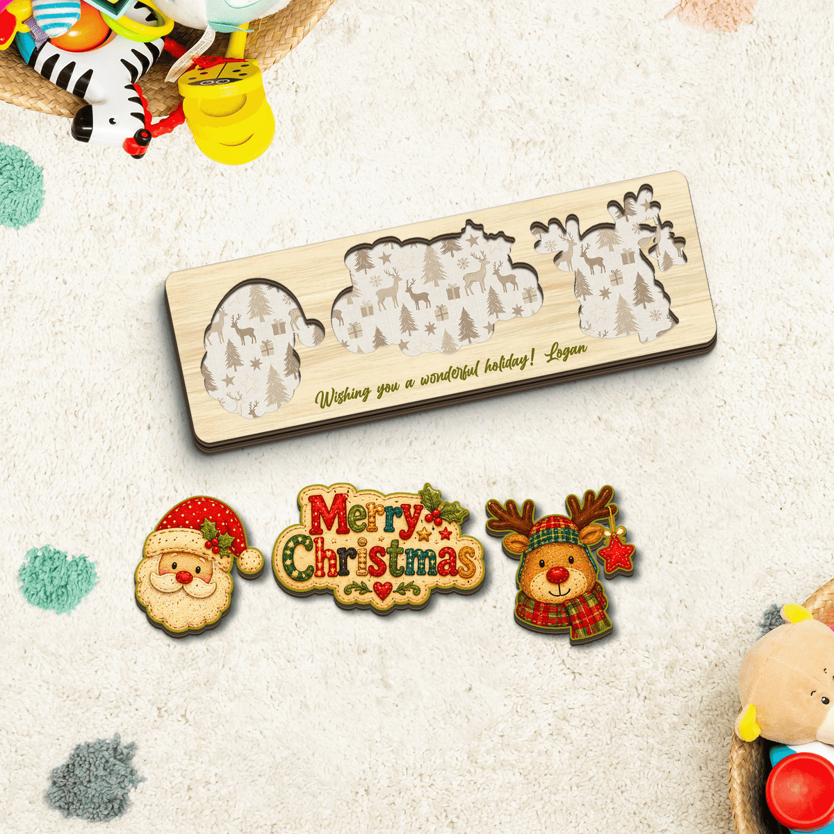 Personalized stitched Santa and reindeer Christmas wooden puzzle board with custom name