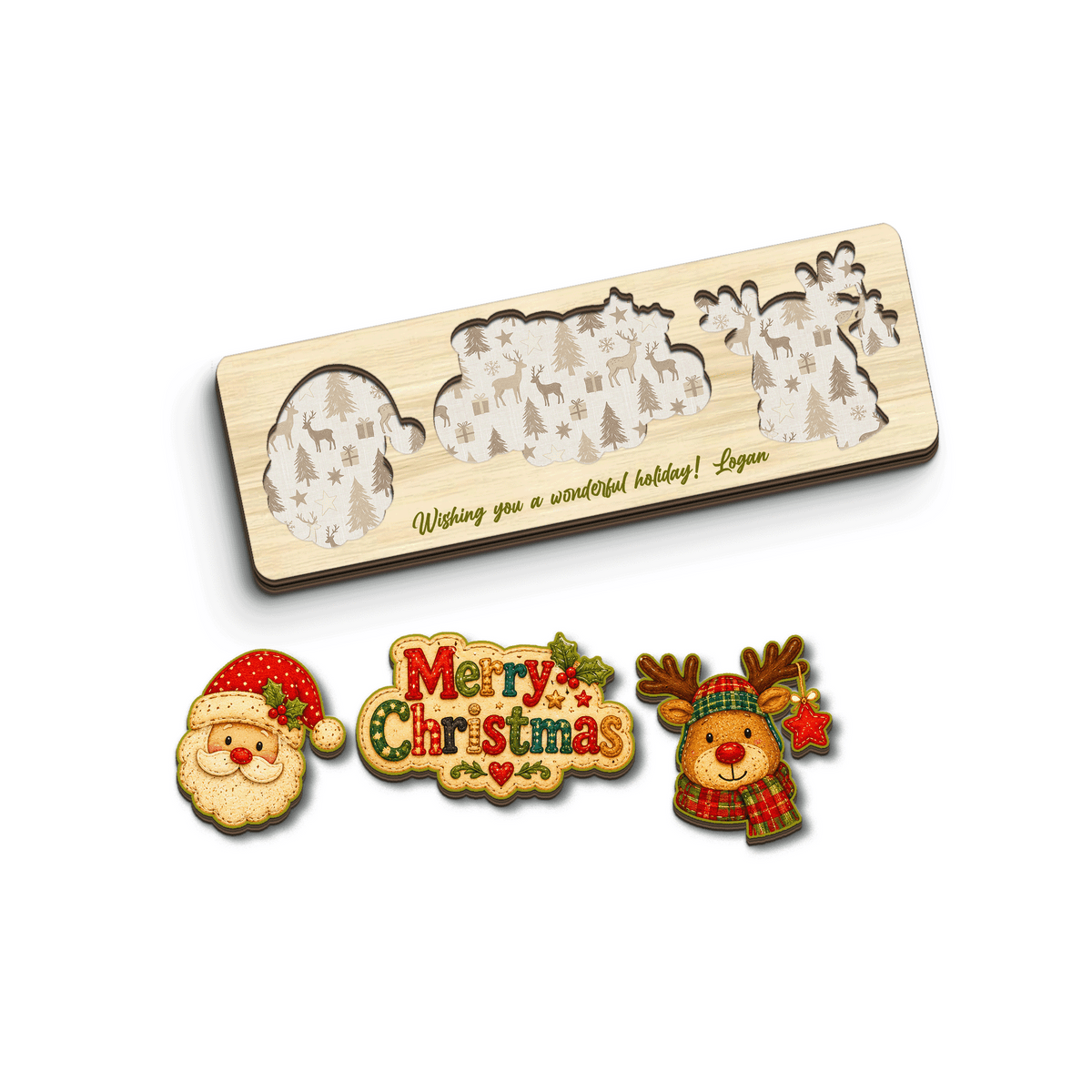 Personalized Santa and reindeer wooden puzzle board view 2