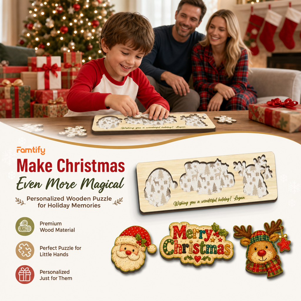 Personalized Santa and reindeer wooden puzzle board view 4