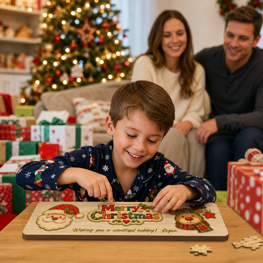 Personalized Santa and reindeer wooden puzzle board view 5