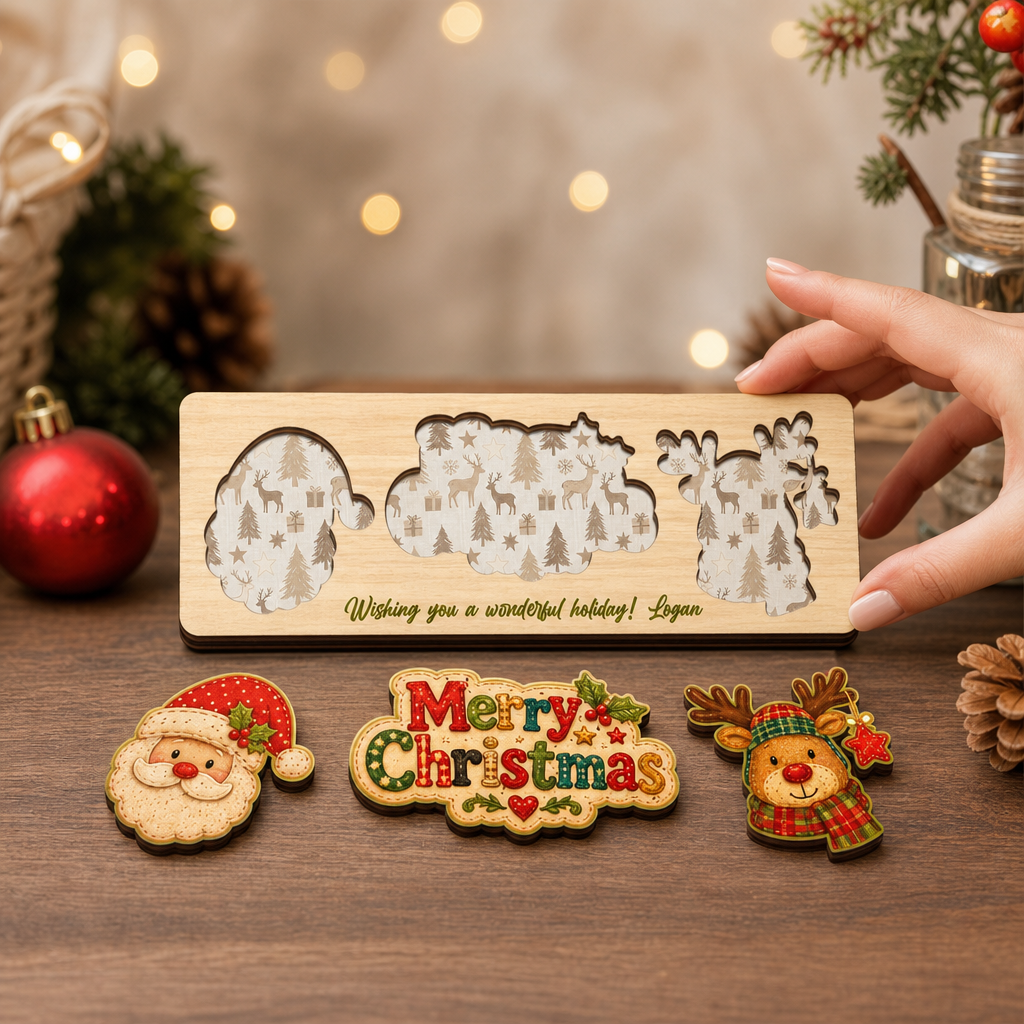 Personalized Santa and reindeer wooden puzzle board view 6