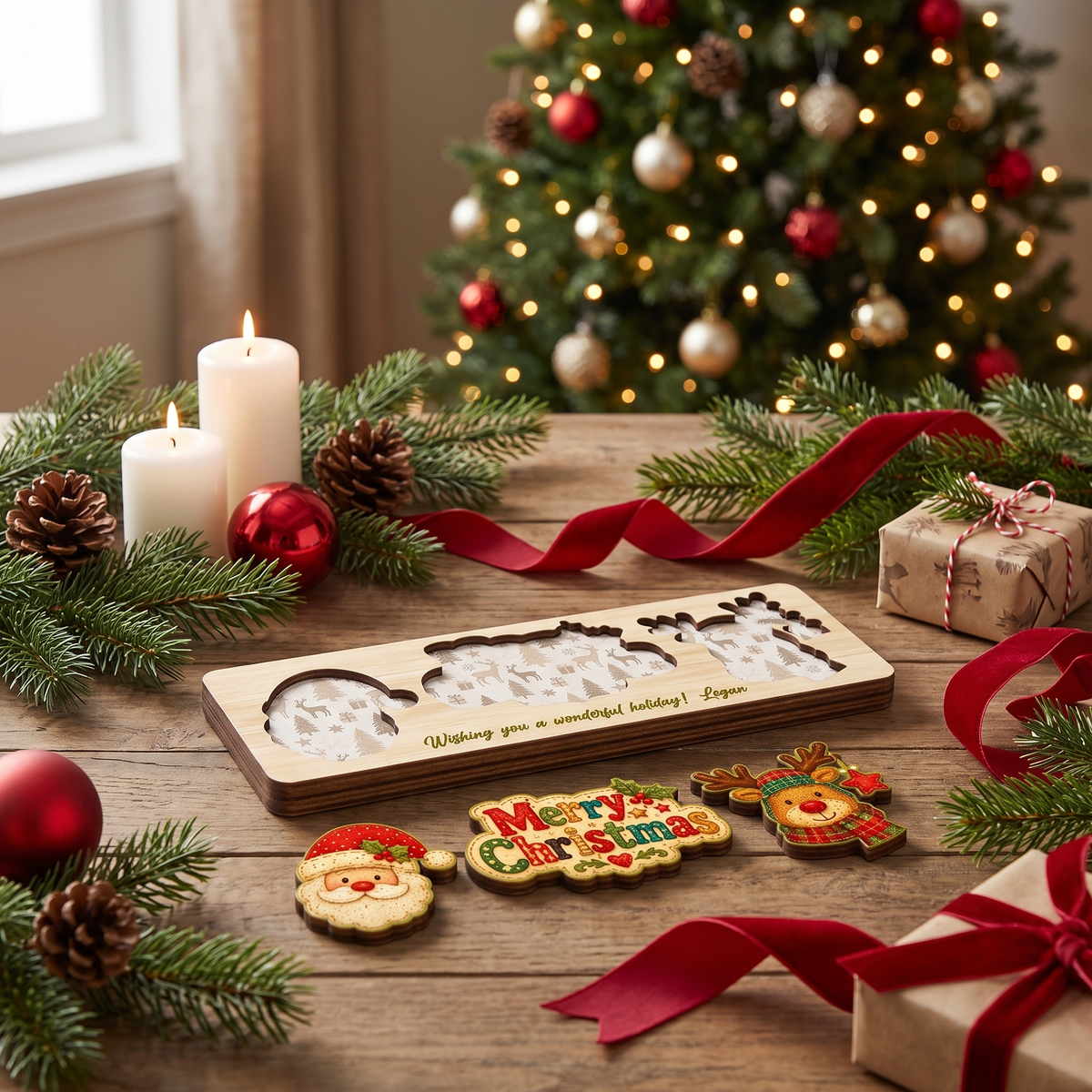 Personalized Santa and reindeer wooden puzzle board view 7