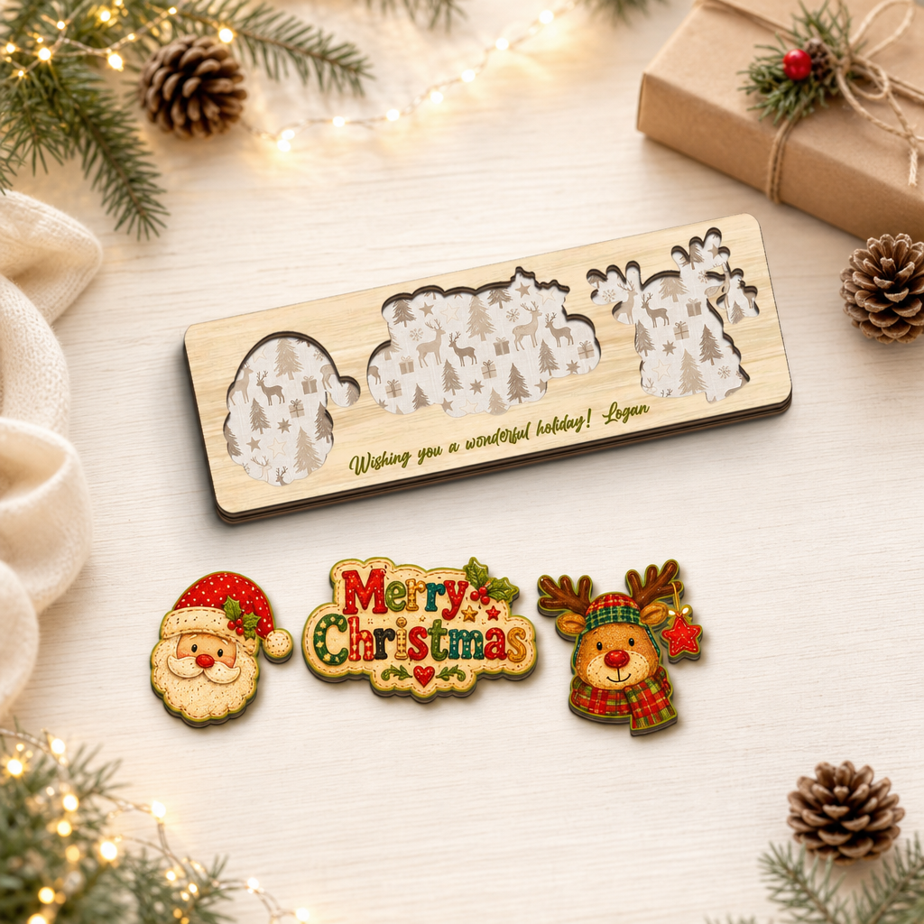 Personalized Santa and reindeer wooden puzzle board view 9
