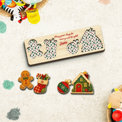 Personalized gingerbread and cozy cottage Christmas wooden puzzle board with custom name