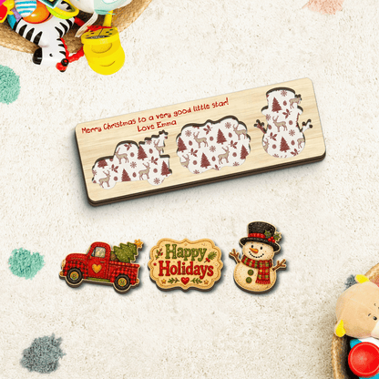 Personalized red truck and snowman Christmas wooden puzzle board with custom message
