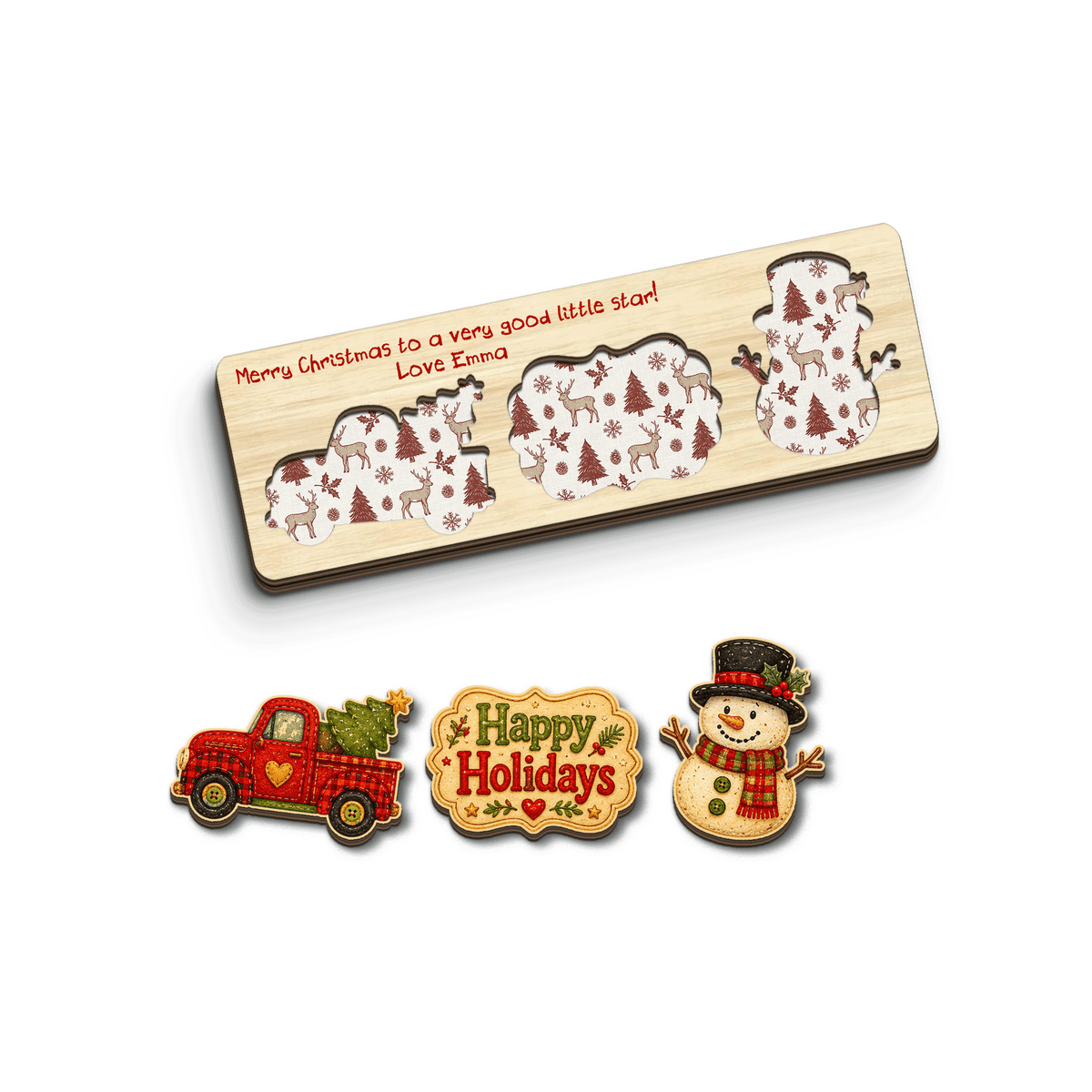 Personalized red truck and snowman wooden puzzle board view 2