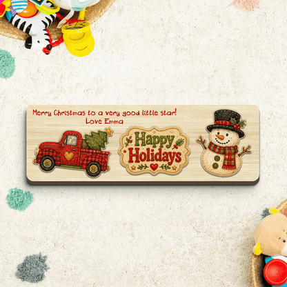 Personalized red truck and snowman wooden puzzle board view 3