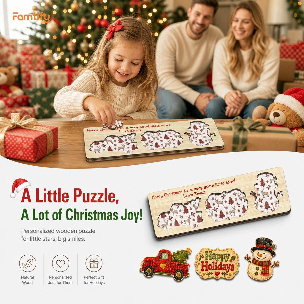 Personalized red truck and snowman wooden puzzle board view 4