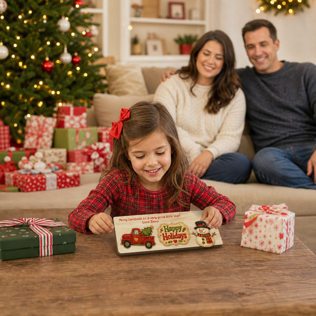 Personalized red truck and snowman wooden puzzle board view 5
