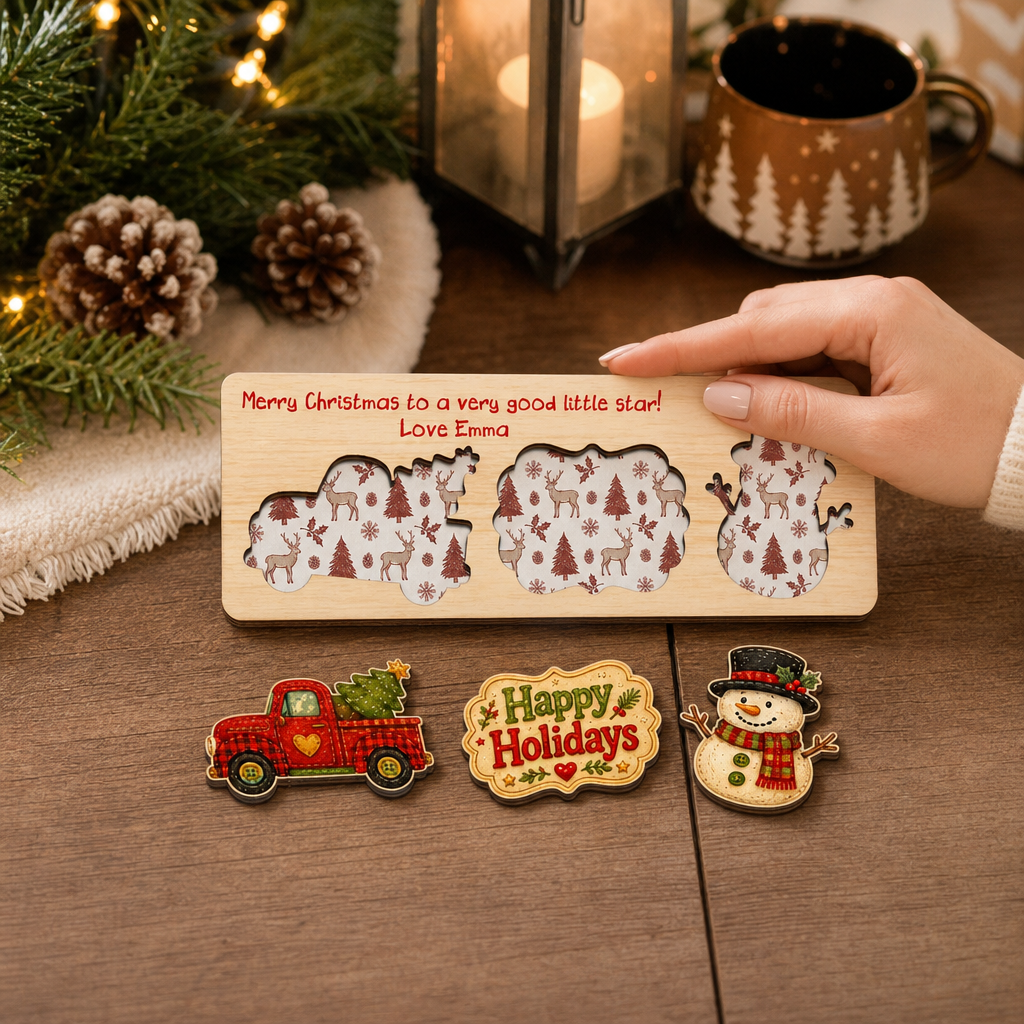 Personalized red truck and snowman wooden puzzle board view 6