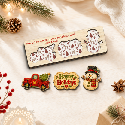 Personalized red truck and snowman wooden puzzle board view 7