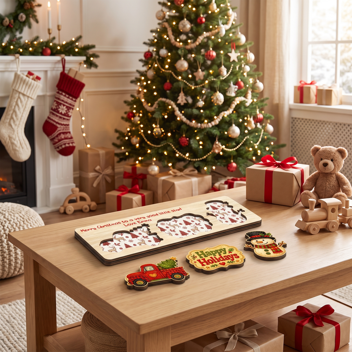 Personalized red truck and snowman wooden puzzle board view 8