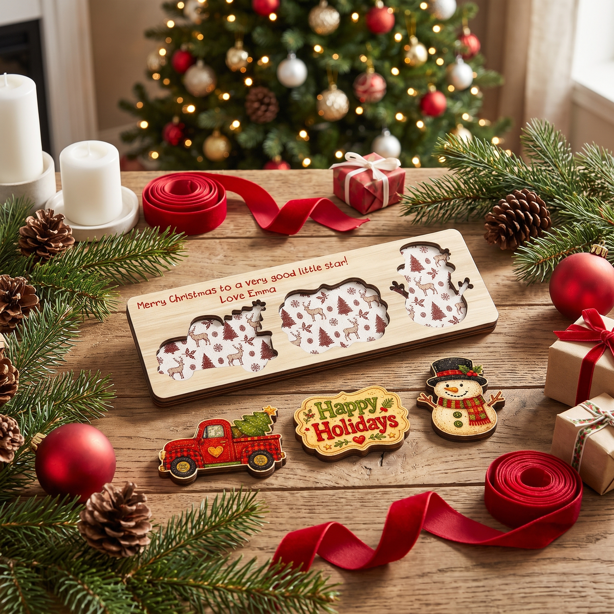 Personalized red truck and snowman wooden puzzle board view 9