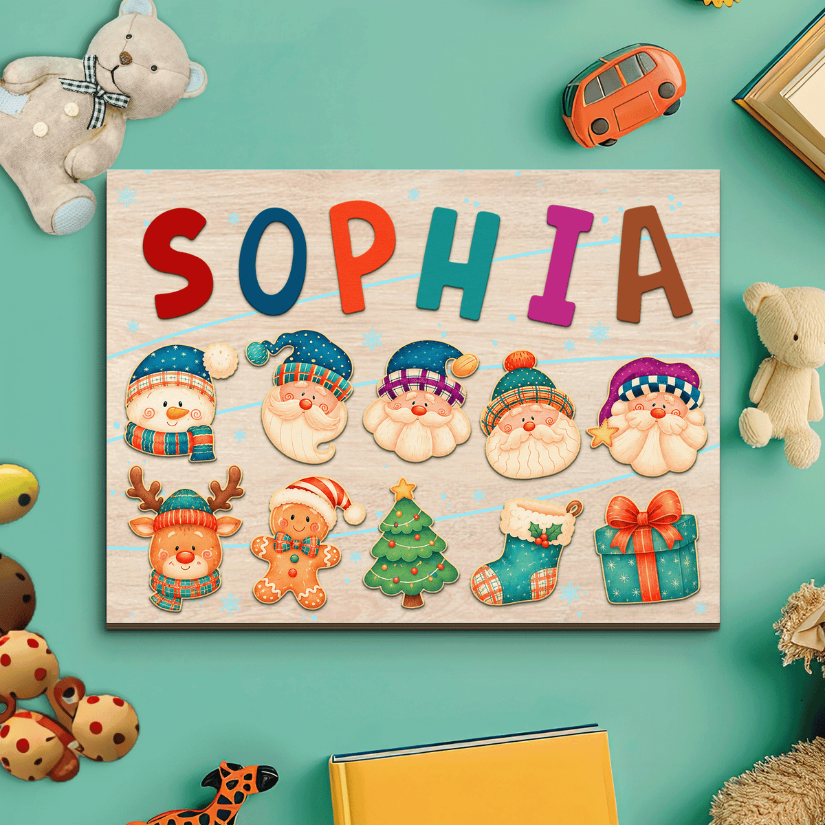 Personalized Christmas name large wooden puzzle board with Santa, snowman, reindeer and tree pieces