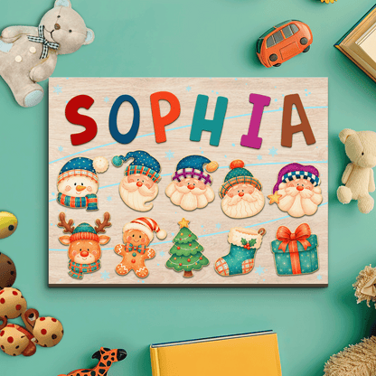 Personalized Christmas name large wooden puzzle board with Santa, snowman, reindeer and tree pieces