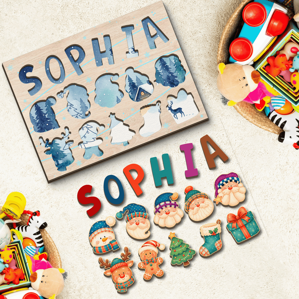 Personalized Christmas name wooden puzzle board with pieces removed showing winter scene