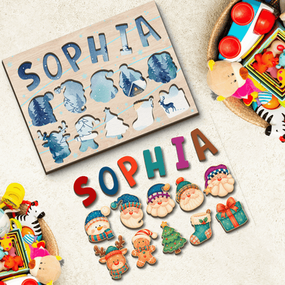 Personalized Christmas name wooden puzzle board with pieces removed showing winter scene