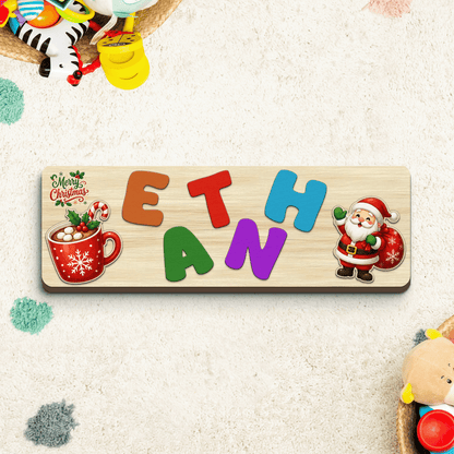 Personalized hot cocoa and Santa Christmas name wooden puzzle board