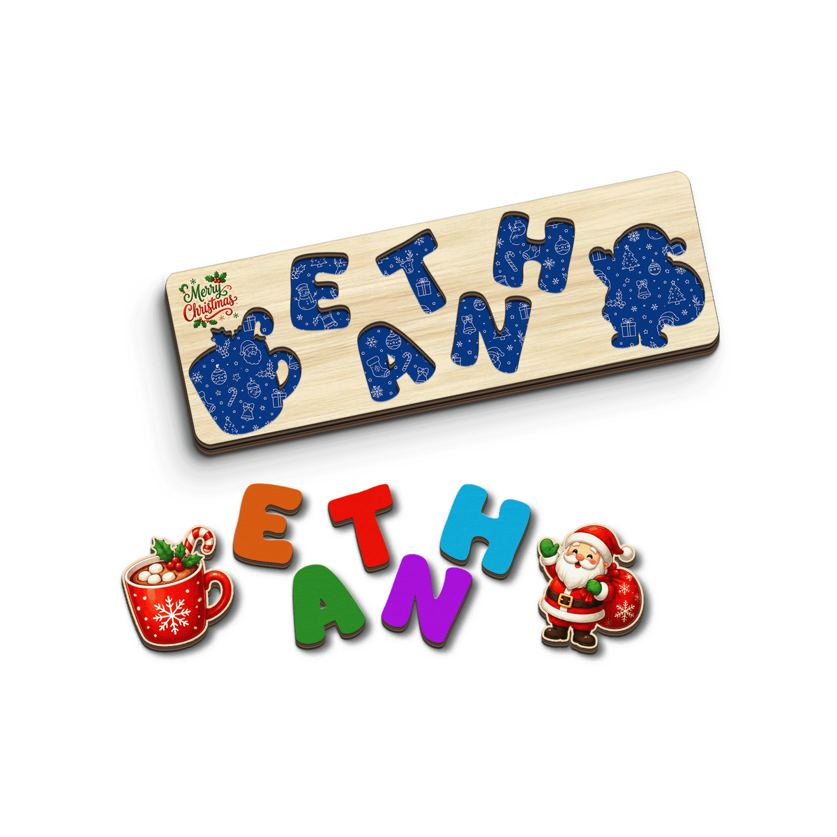 Personalized hot cocoa and Santa Christmas name wooden puzzle board with pieces removed