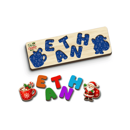 Personalized hot cocoa and Santa Christmas name wooden puzzle board with pieces removed