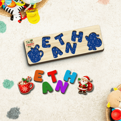 Personalized hot cocoa and Santa Christmas name wooden puzzle board pieces