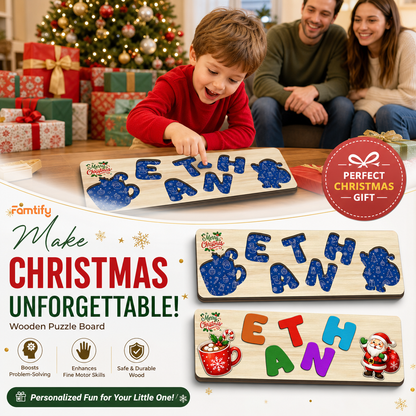 Personalized hot cocoa and Santa Christmas name wooden puzzle board view 4