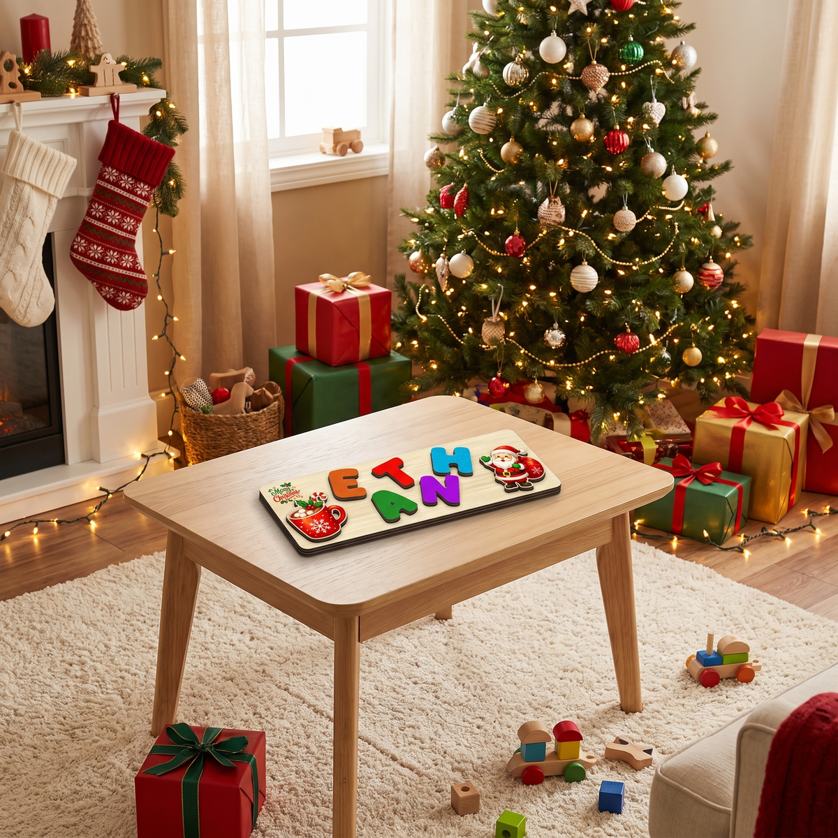 Personalized hot cocoa and Santa Christmas name wooden puzzle board view 5