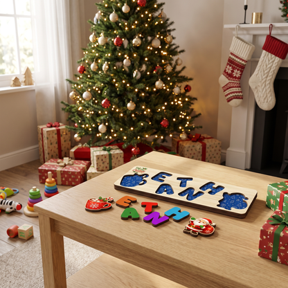 Personalized hot cocoa and Santa Christmas name wooden puzzle board view 6