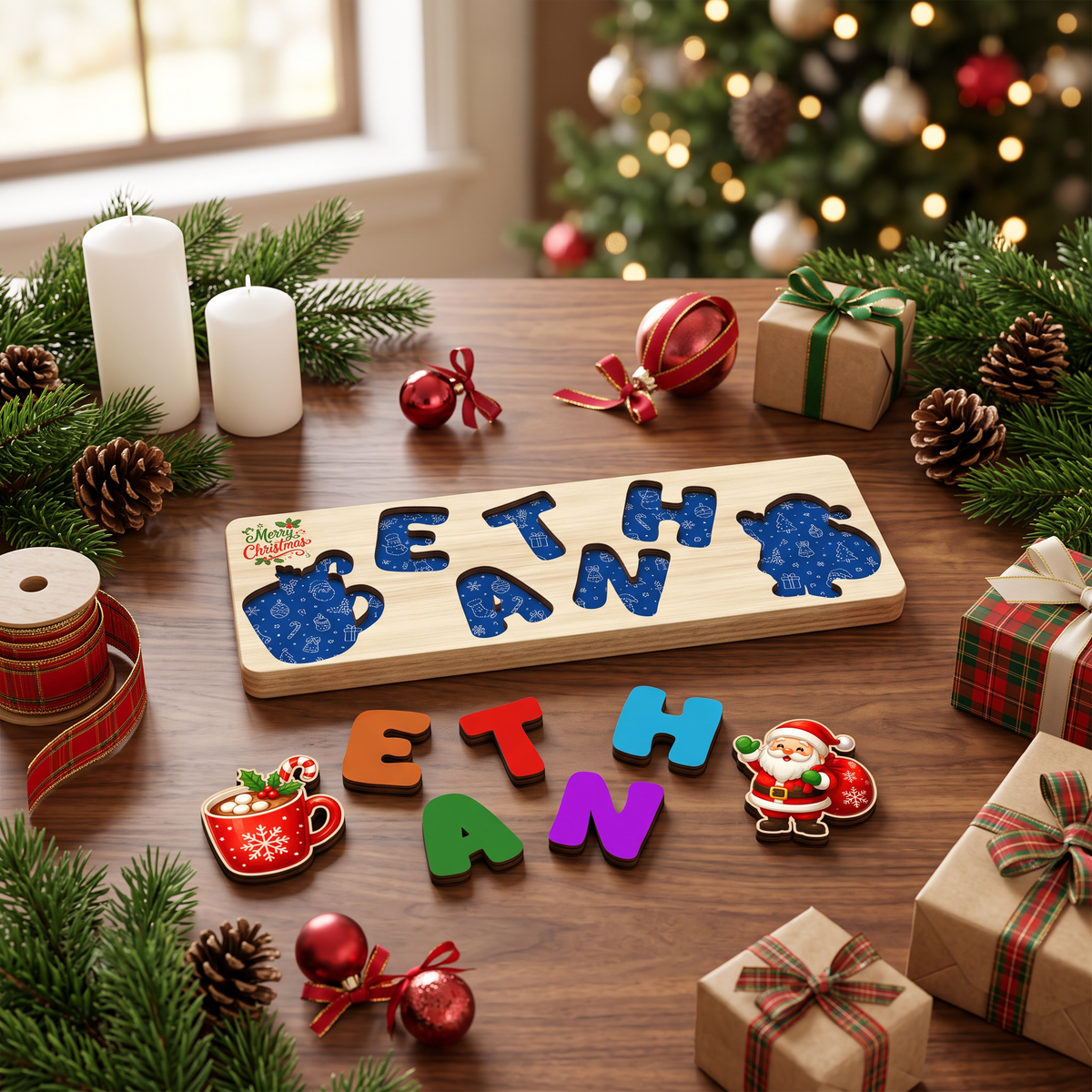 Personalized hot cocoa and Santa Christmas name wooden puzzle board view 7