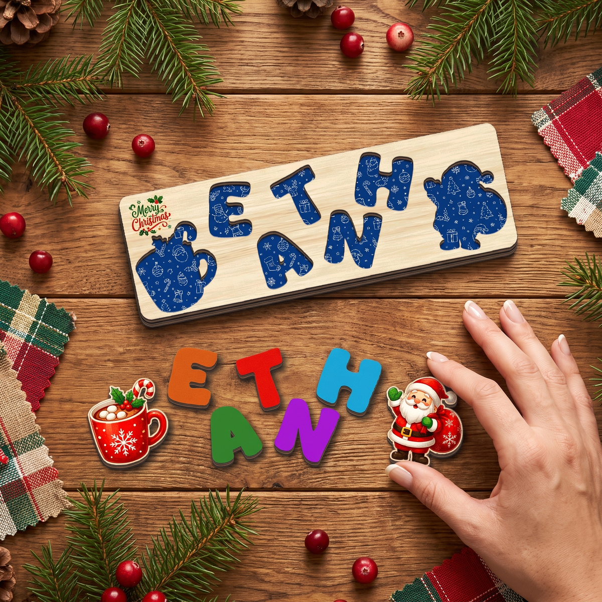 Personalized hot cocoa and Santa Christmas name wooden puzzle board view 8