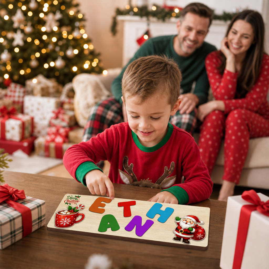 Personalized hot cocoa and Santa Christmas name wooden puzzle board view 9