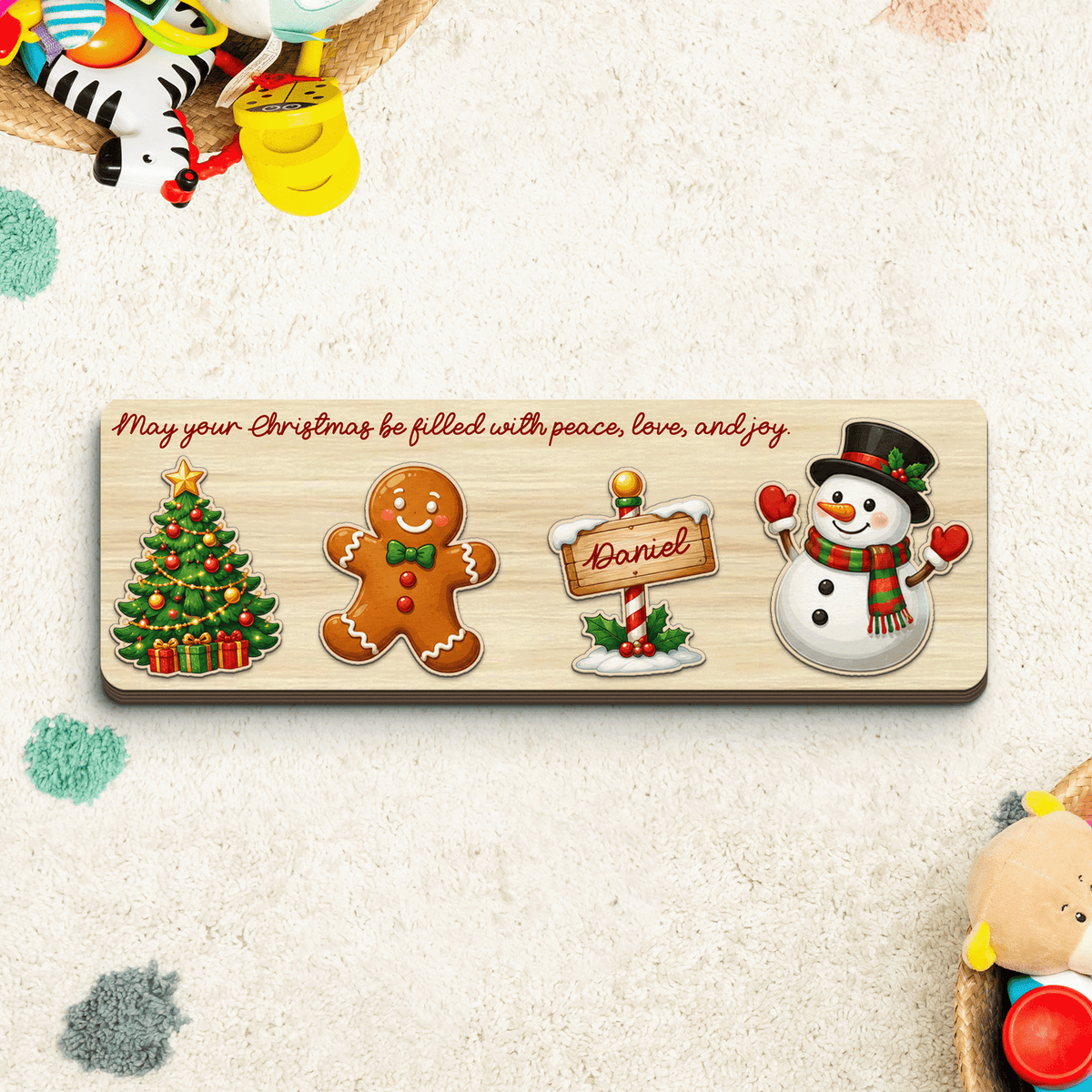 Personalized gingerbread and North Pole sign Christmas wooden puzzle board with custom name