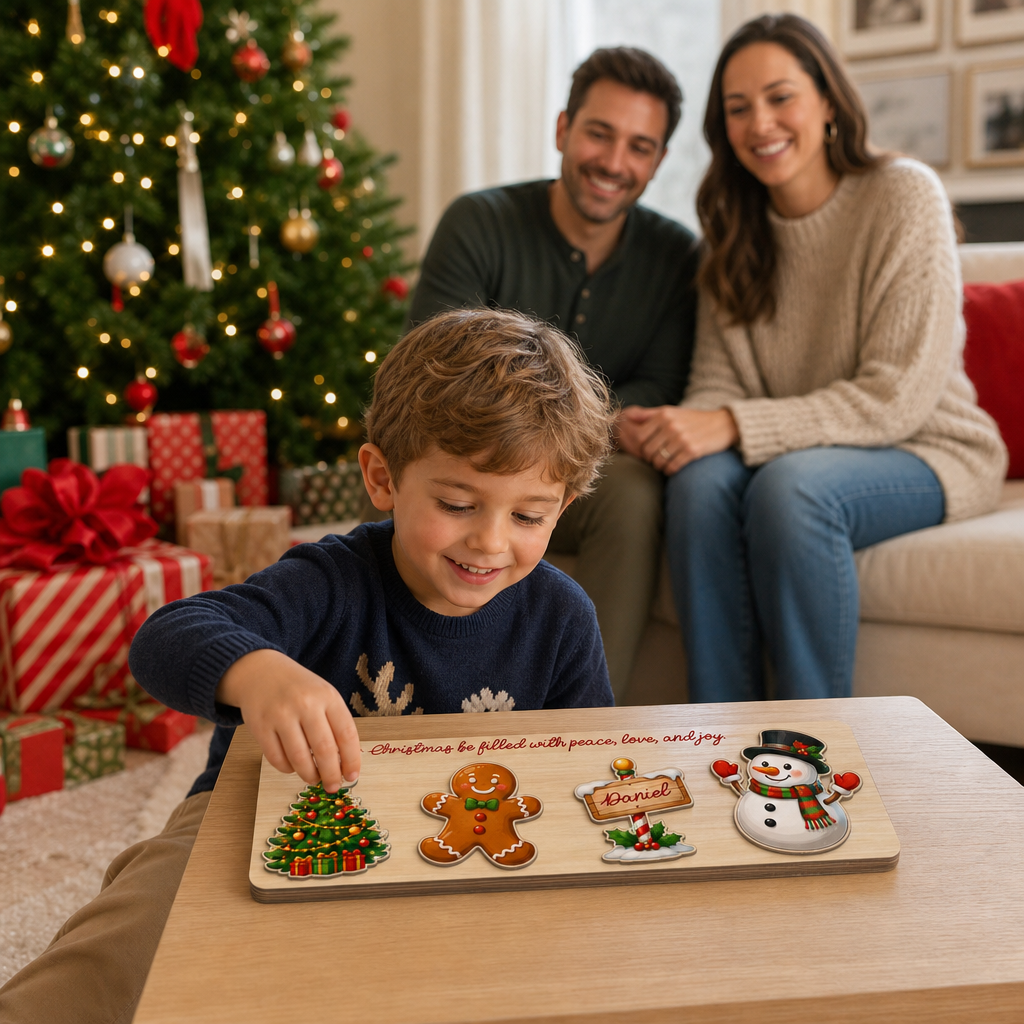 Personalized gingerbread and North Pole sign Christmas wooden puzzle board view 4