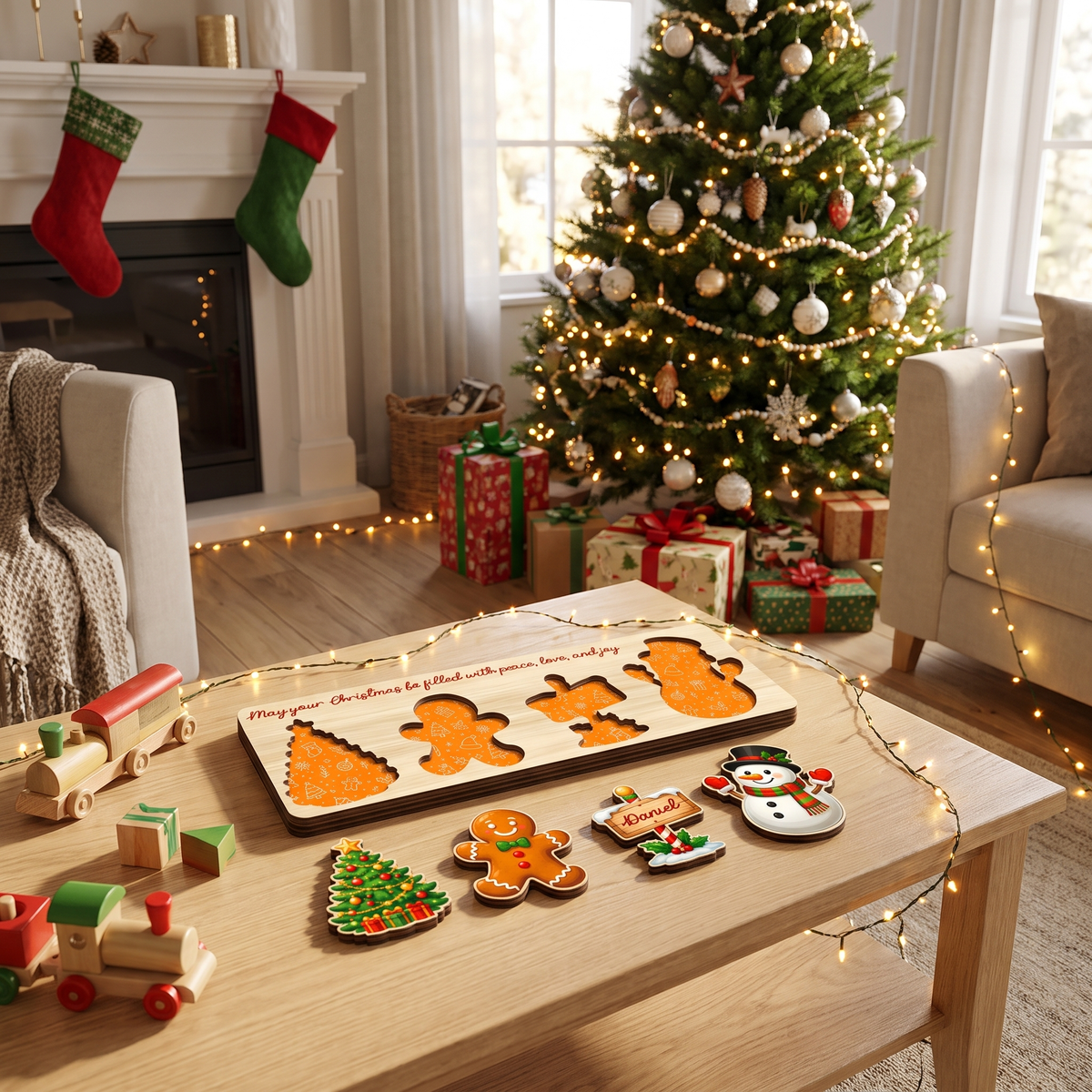 Personalized gingerbread and North Pole sign Christmas wooden puzzle board view 7