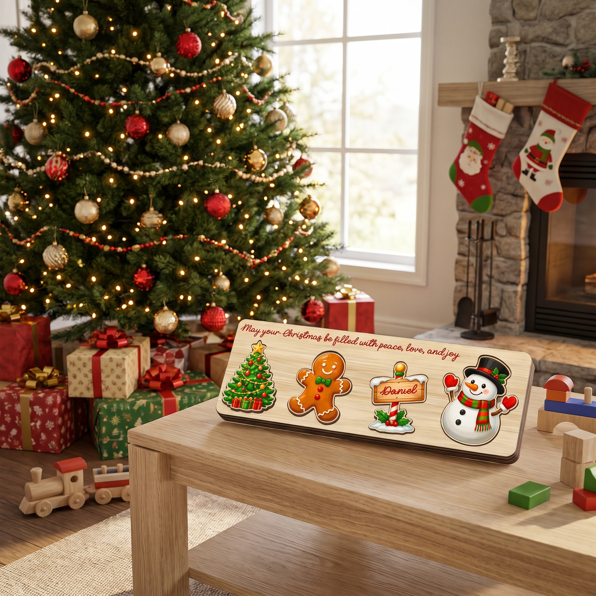 Personalized gingerbread and North Pole sign Christmas wooden puzzle board view 8